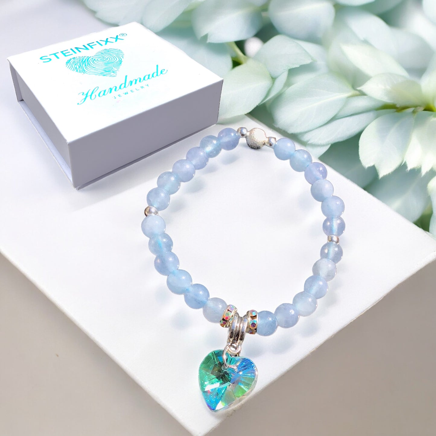 Steinfixx® - Bezauberndes Aquamarin Perlen Armband mit Angel Aura Herz, Sternstaub- und Silberperlen - inclusive edler Geschenkbox - Handmade
