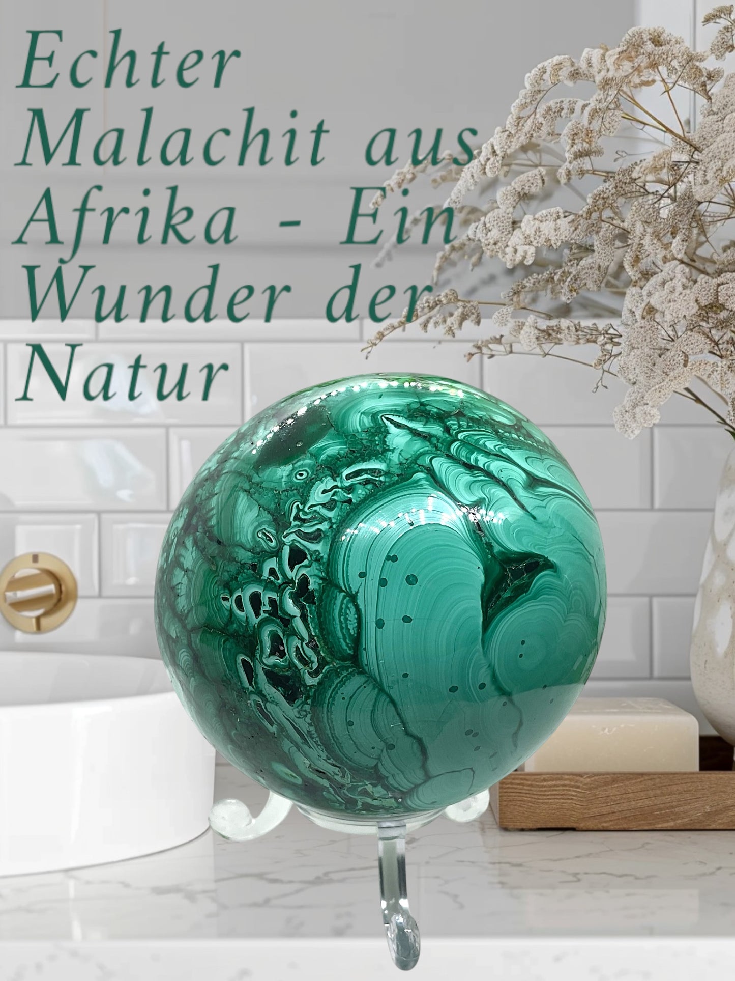 Malachit Kugel I 680gr. I 7cm I mit Acrylständer I Sammlerstück I Unikat S3018 I Afrika-Kongo
