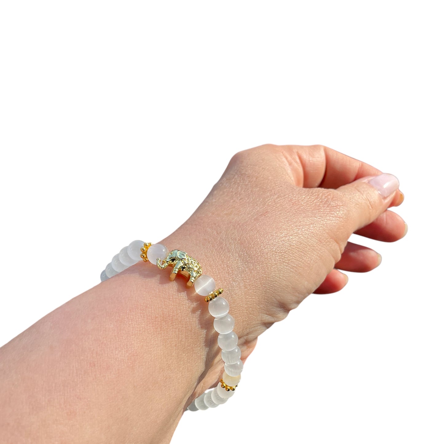 Selenit Edelstein Perlenarmband "Elefant" 6 mm mit 14k vergoldeter Edelstahlperle - Reichtum Erfolg und Glück - Handmade - inclusive edler Geschenkbox -