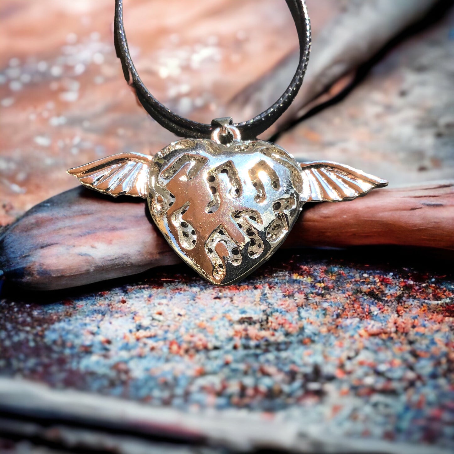 Edelstahlherz Kette Anhänger mit Flügeln - rhodiniert - "I love Music" - zwei Motive - Lederband SALE