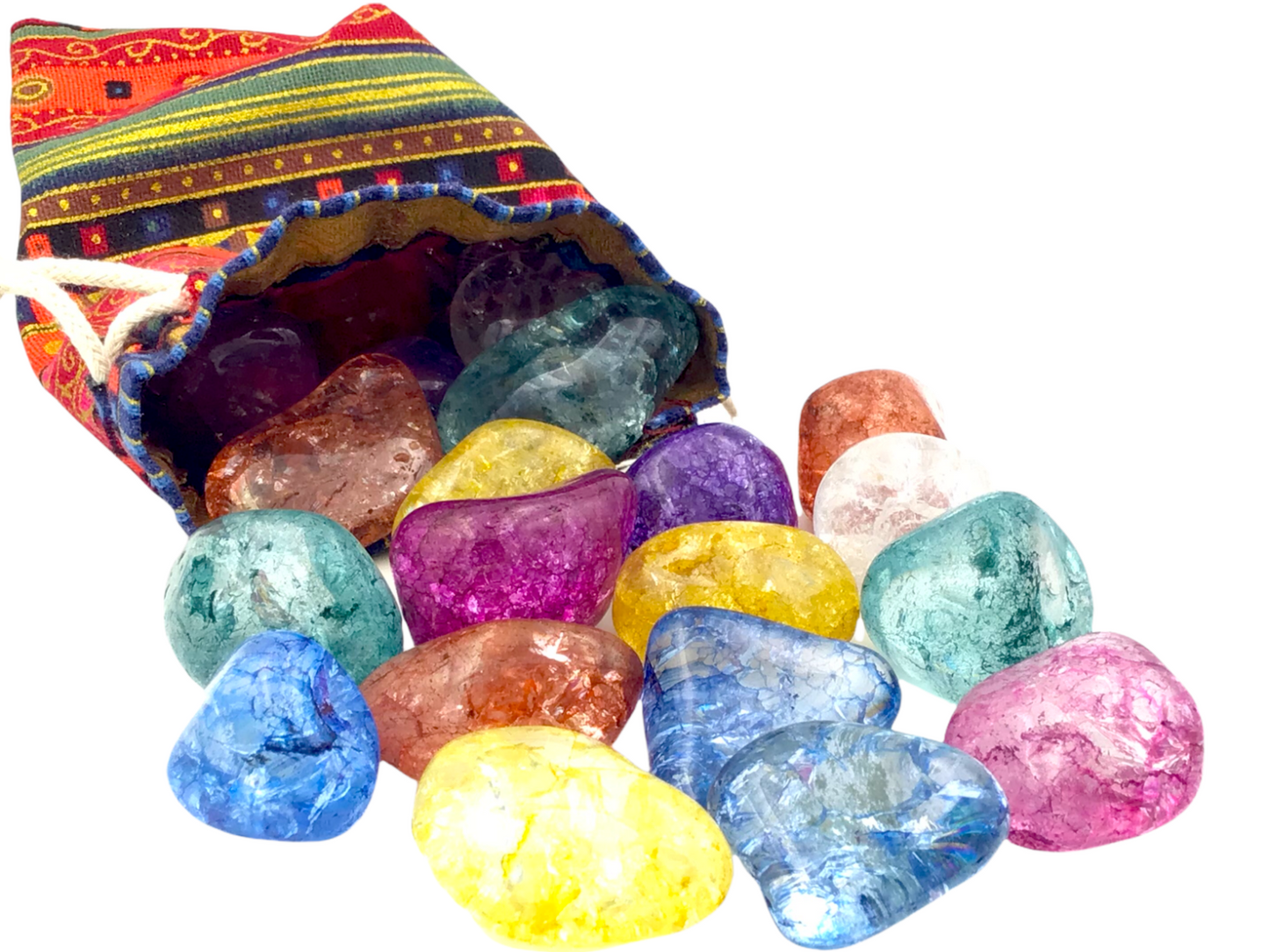 Magic Stones in buntem Stoffsäckchen | 20 Stück | geeister, gefärbter Bergkristall in 7 verschiedenen Farben | unglaubliches Farbenspiel