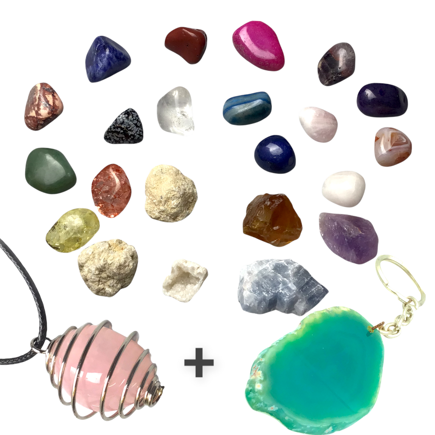Exclusive Adventskalender Mineralienfüllung mit Geoden zum aufbrechen - 24-teilig- Trommelsteine, Geoden, Rohsteine, Haifischzahn, Achatscheibe