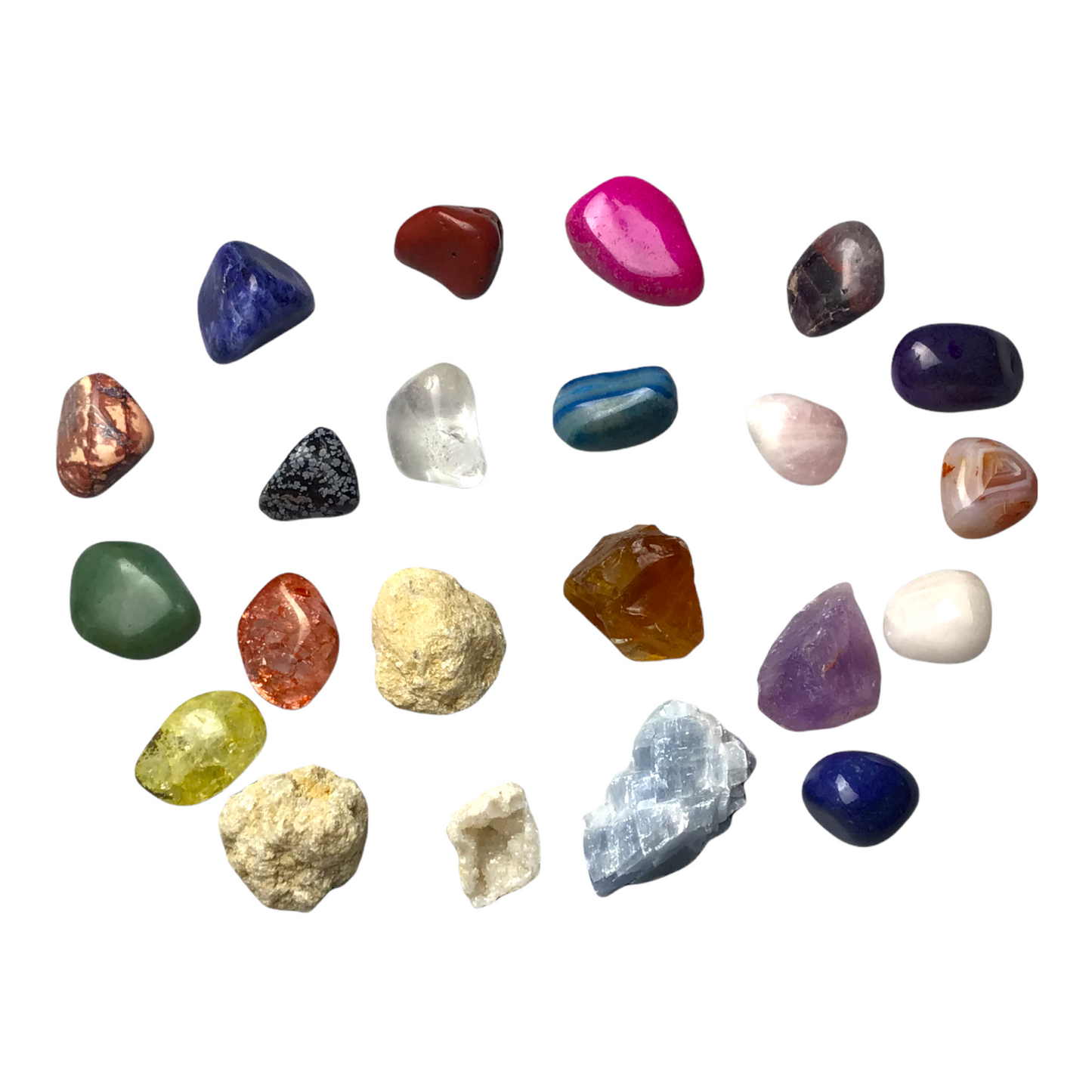 Exclusive Adventskalender Mineralienfüllung mit Geoden zum aufbrechen - 24-teilig- Trommelsteine, Geoden, Rohsteine, Haifischzahn, Achatscheibe