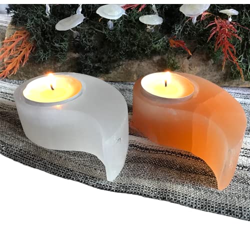 Steinfixx - Yin und Yang Edelstein Teelichthalter aus Selenit weiß und orange