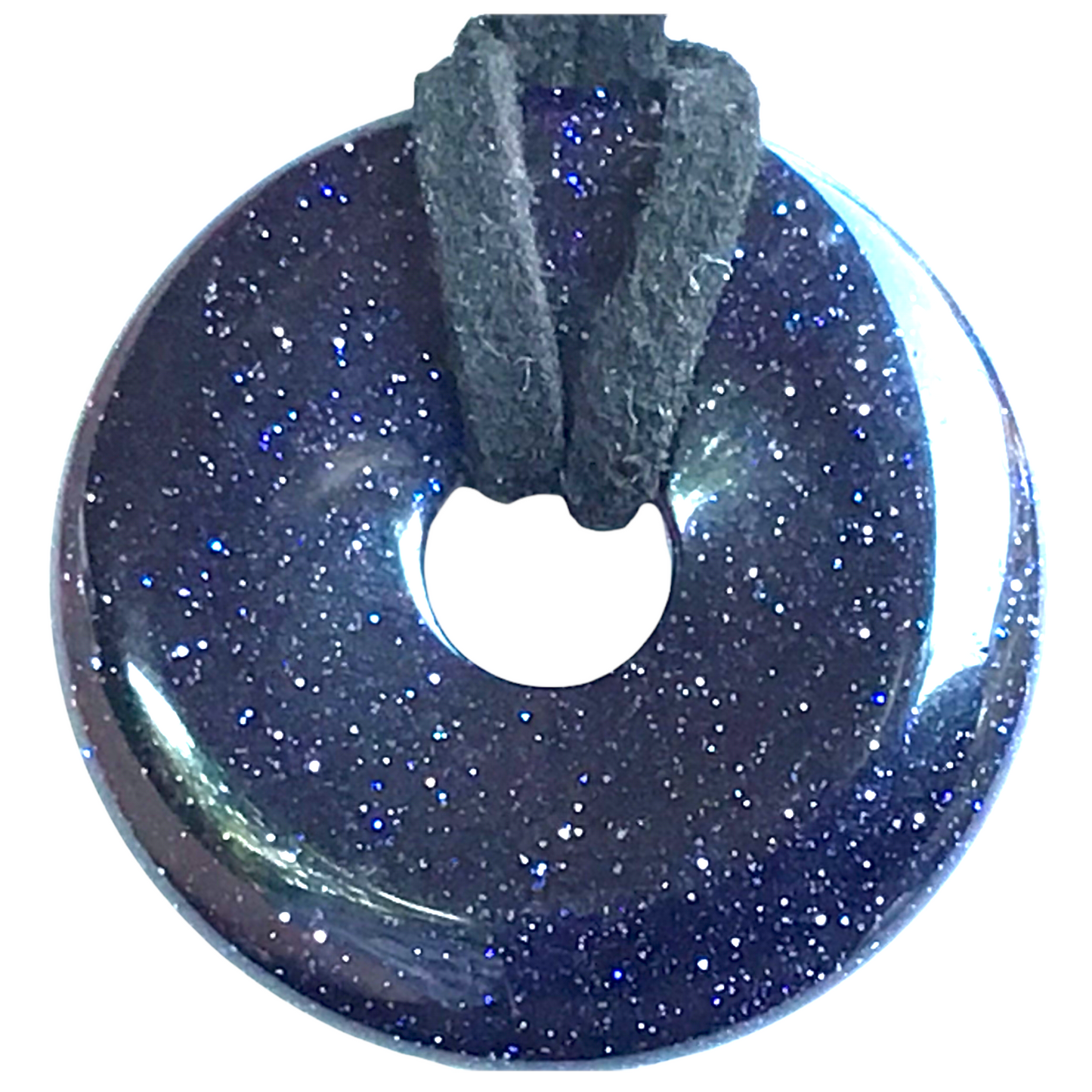 Premium Edelstein-Donut Blaufluss optional als Kette mit versilberter oder vergoldeter Spirale und Wildlederband