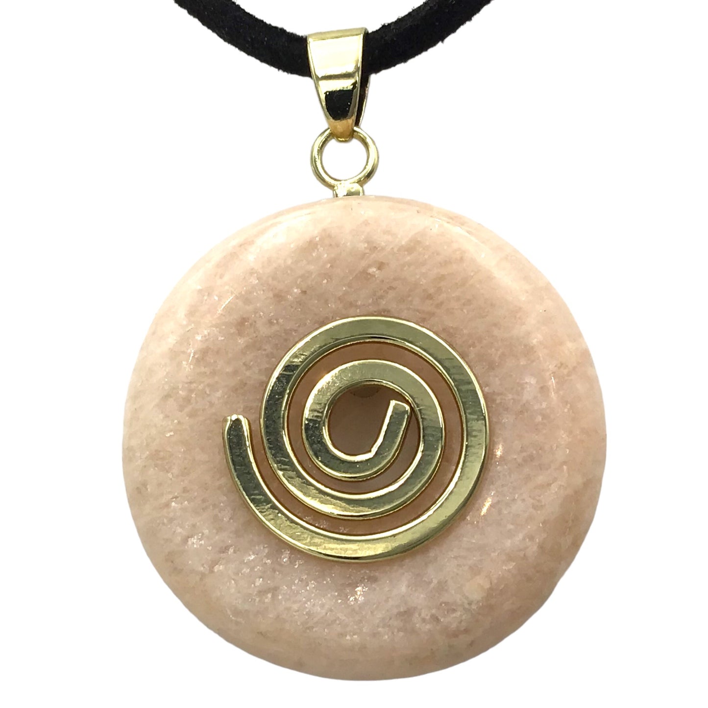 Premium Mondstein Edelstein-Donut optional als Kette mit versilberter oder vergoldeter Spirale und Wildlederband