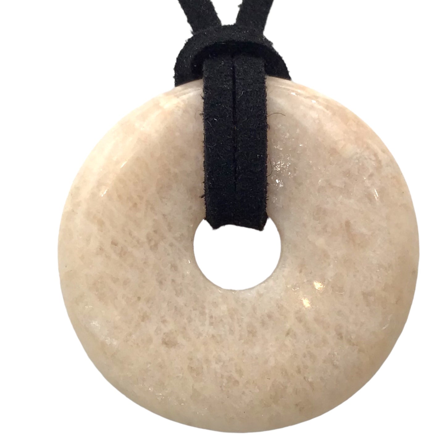 Premium Mondstein Edelstein-Donut optional als Kette mit versilberter oder vergoldeter Spirale und Wildlederband