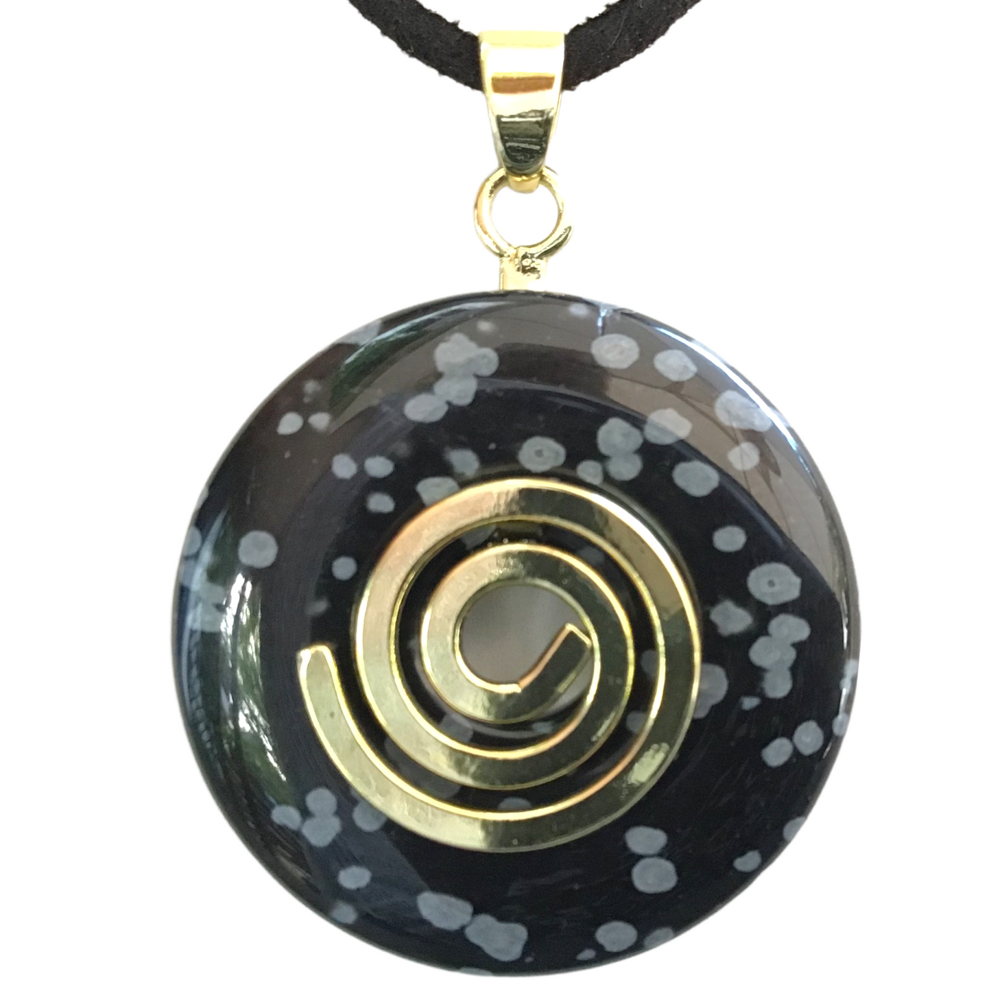 Premium Schneeflockenobsidian Edelstein-Donut optional als Kette mit versilberter oder vergoldeter Spirale und Wildlederband