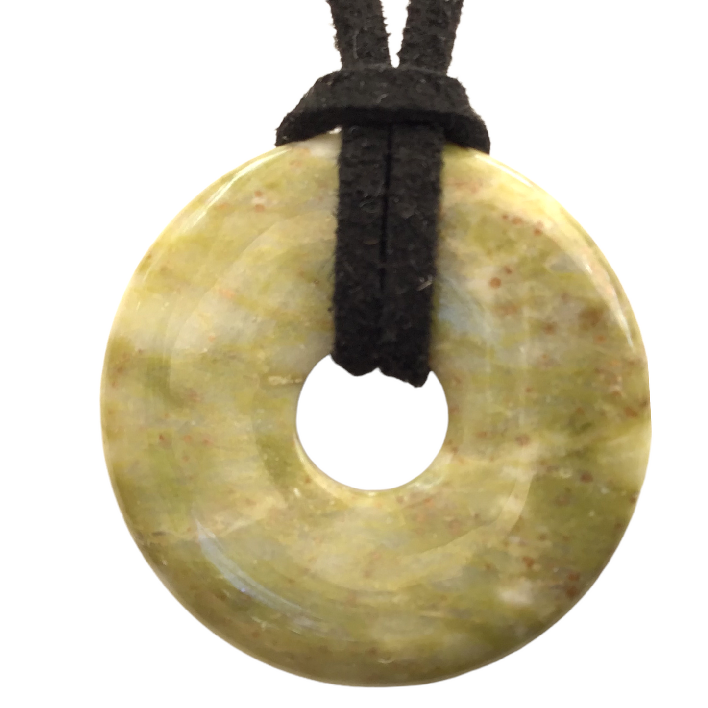 Premium Spinatjade Edelstein-Donut optional als Kette mit versilberter oder vergoldeter Spirale und Wildlederband