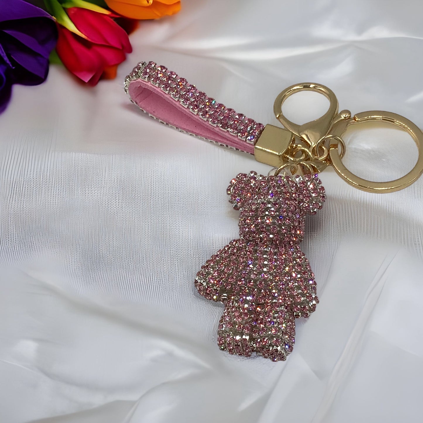 Steinfixx® Edler Strass-Bär Schlüsselanhänger mit Ring und Lederschlaufe | luxuriöses Geschenk | Cartoon | Strass