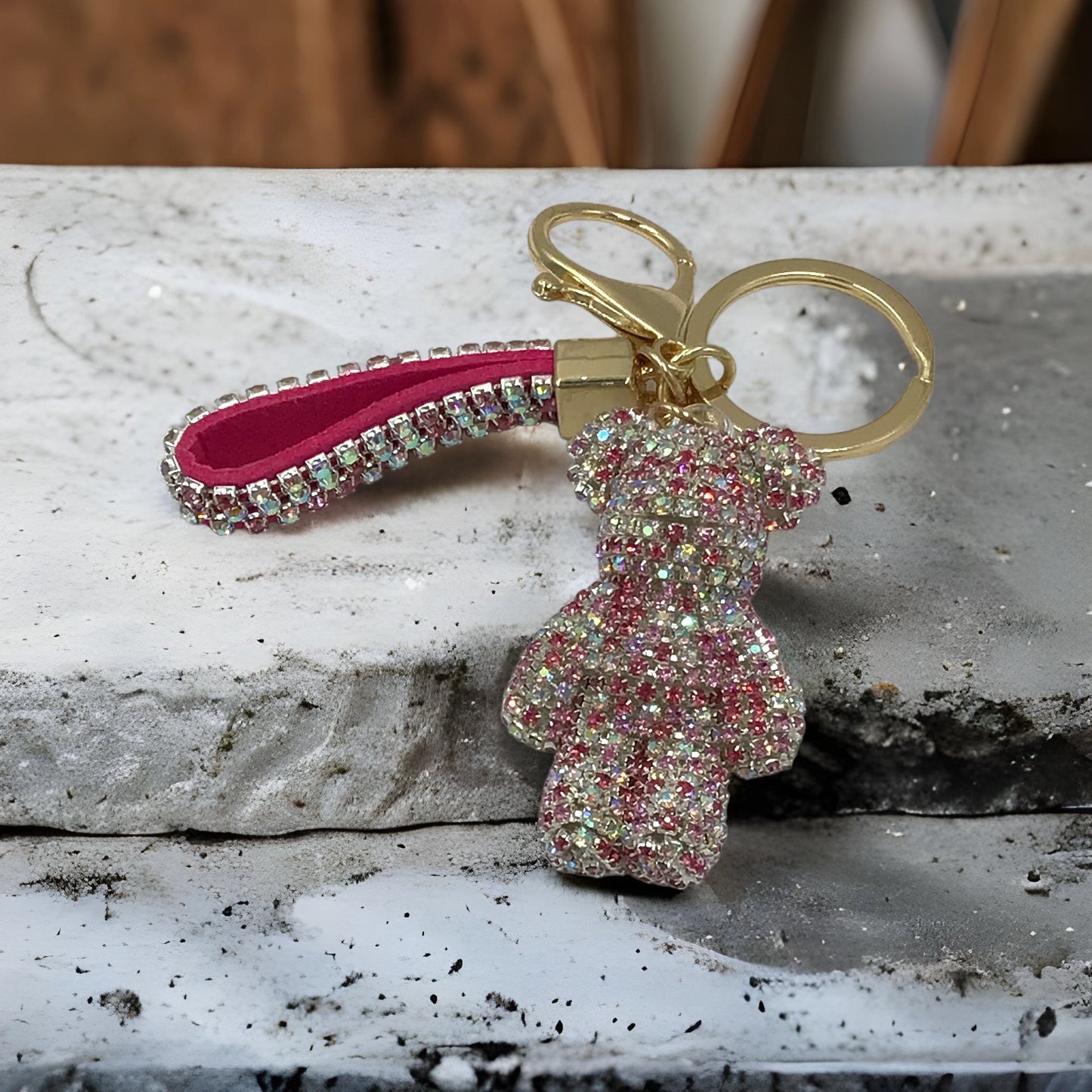Steinfixx® Edler Strass-Bär Schlüsselanhänger mit Ring und Lederschlaufe | luxuriöses Geschenk | Cartoon | Strass
