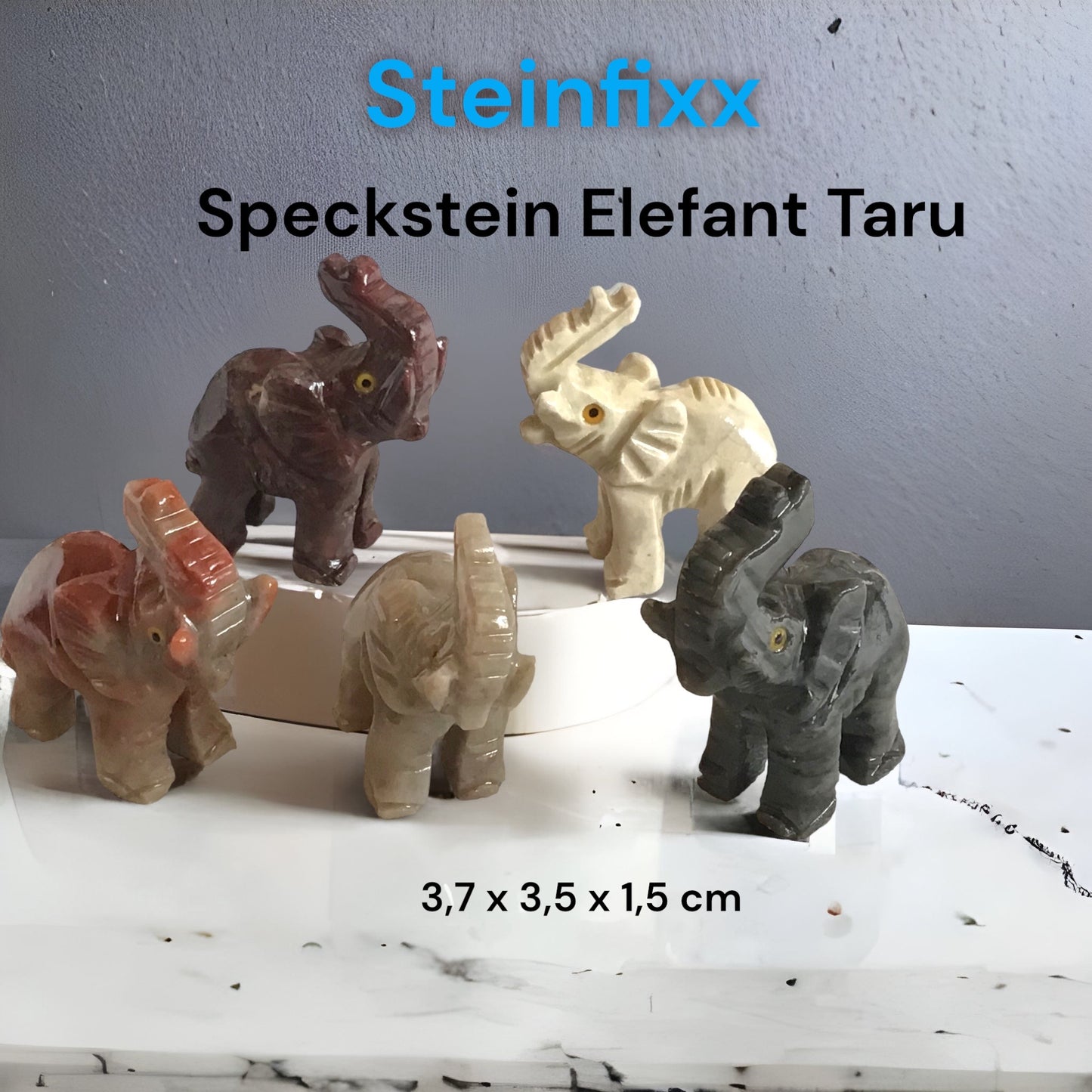 Steinfixx® - Speckstein Figur Elefant Taru | Schnitzerei | Sammelfigur | geschliffen und poliert | 37x35 mm | Handarbeit
