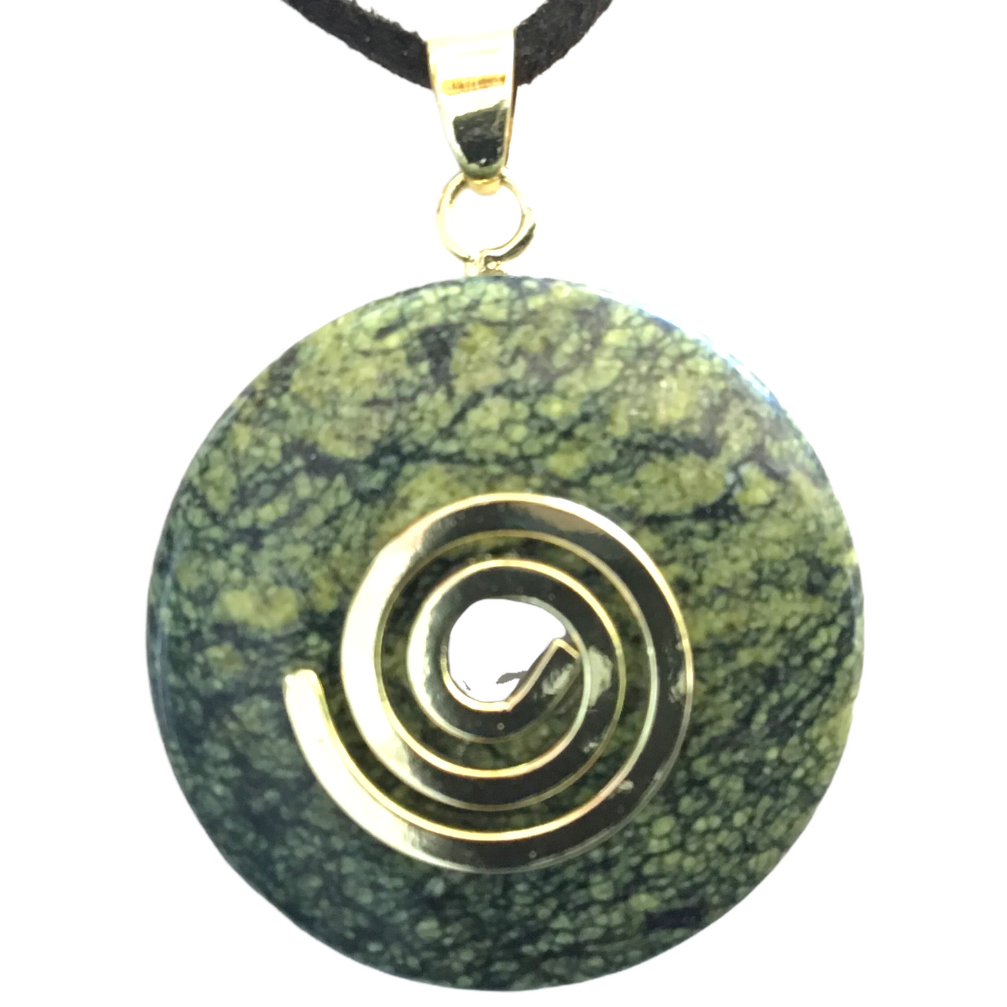 Premium Serpentin Edelstein-Donut optional als Kette mit versilberter oder vergoldeter Spirale und Wildlederband