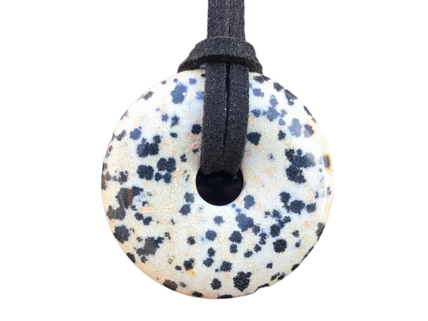 Premium Edelstein-Donut Dalmatiner Jaspis top Qualität optional als Kette mit versilberter oder vergoldeter Spirale und Wildlederband
