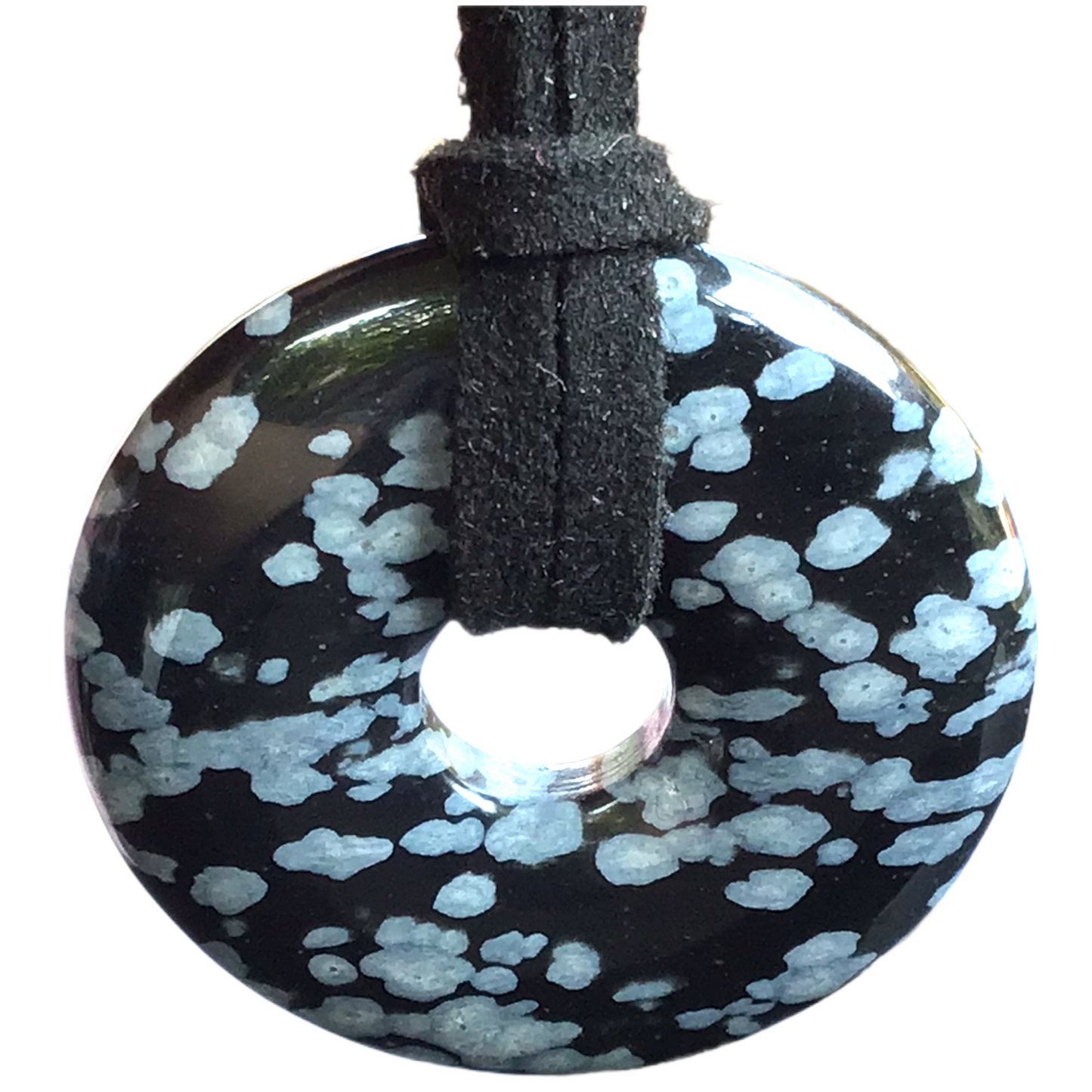 Premium Schneeflockenobsidian Edelstein-Donut optional als Kette mit versilberter oder vergoldeter Spirale und Wildlederband