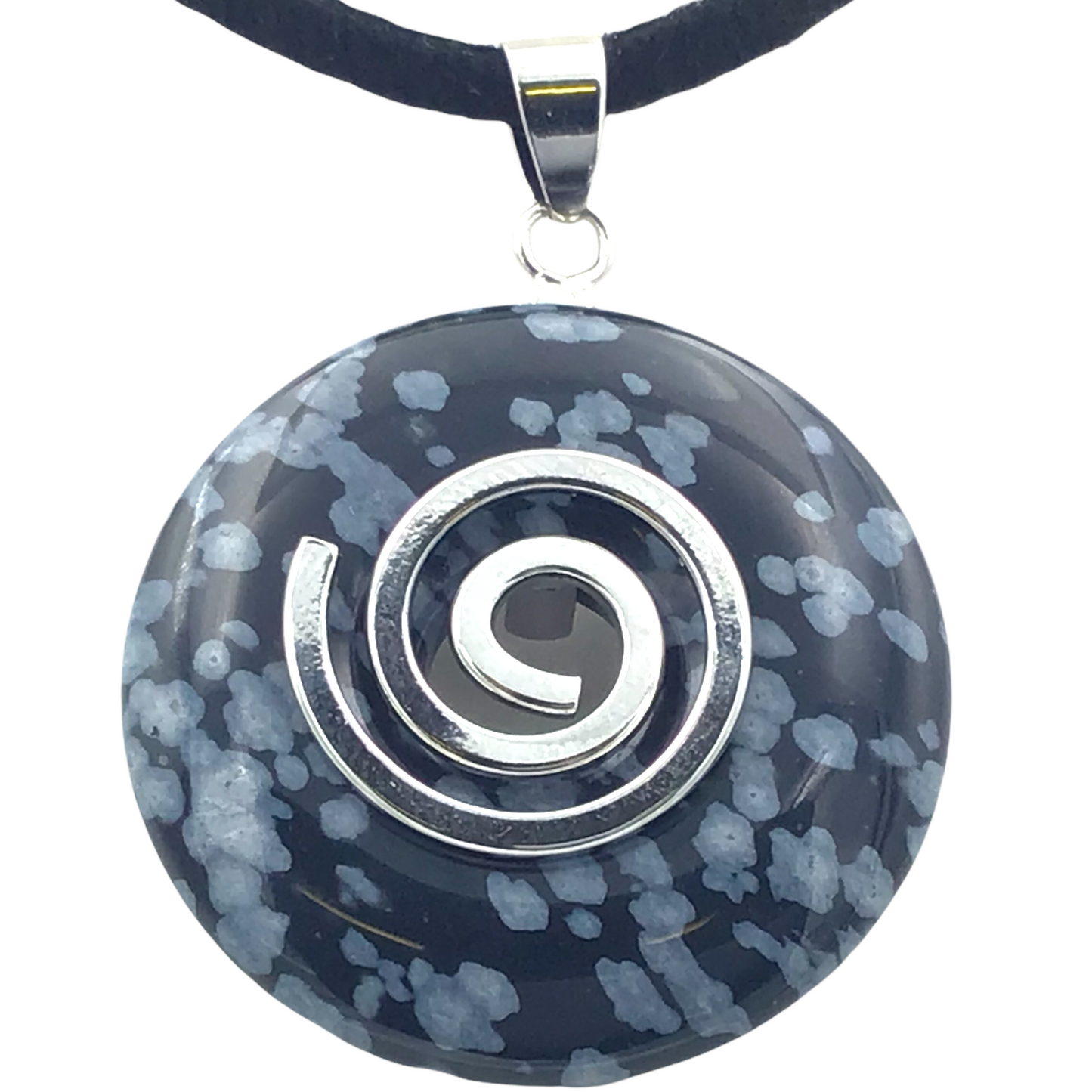 Premium Schneeflockenobsidian Edelstein-Donut optional als Kette mit versilberter oder vergoldeter Spirale und Wildlederband