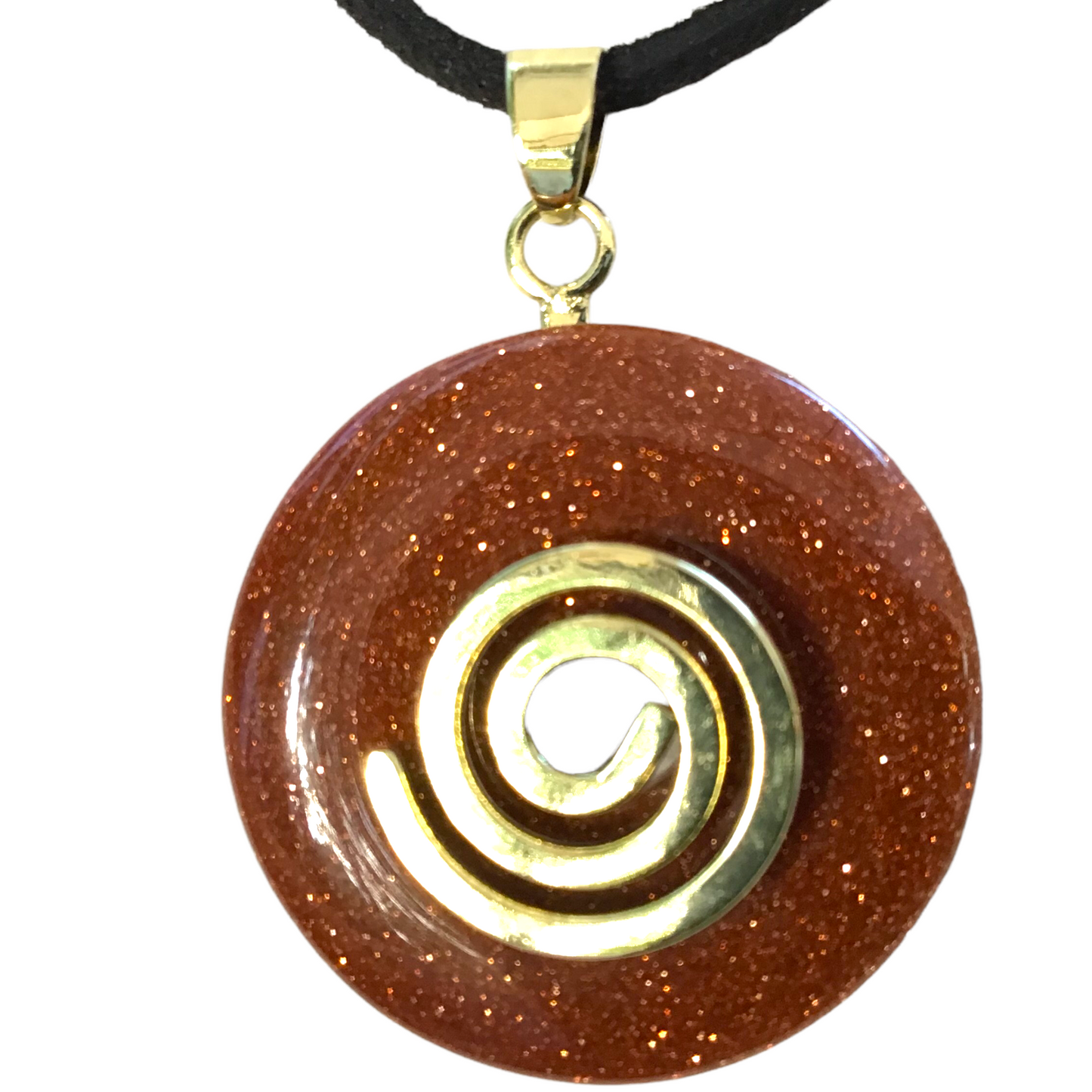 Premium Edelstein-Donut Goldfluss optional als Kette mit versilberter oder vergoldeter Spirale und Wildlederband