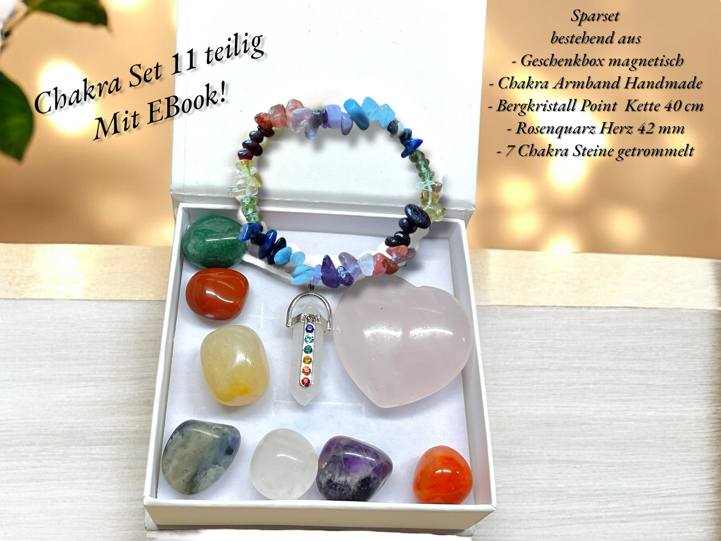 Chakra Edelstein Set Selbstheilung - 11 teilig mit Halskette, Splitterarmband und Herz in Geschenkbox - mit 14 seitigem liebevoll gestaltetem Ebook als Anleitung