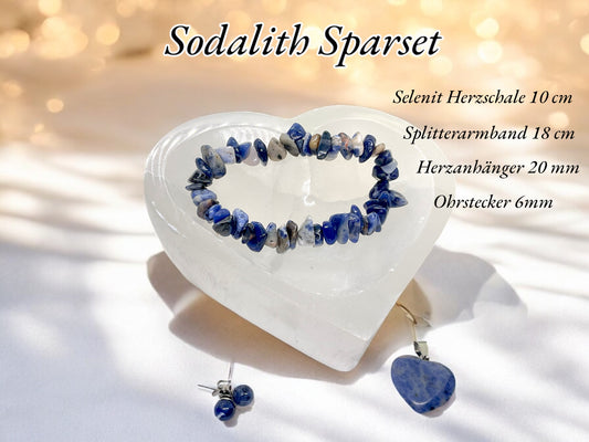 Sodalith Edelstein Schmuckset mit hochwertiger Selenit Herzschale 10cm I 4-teilig I  - Erneuerung und Regeneration