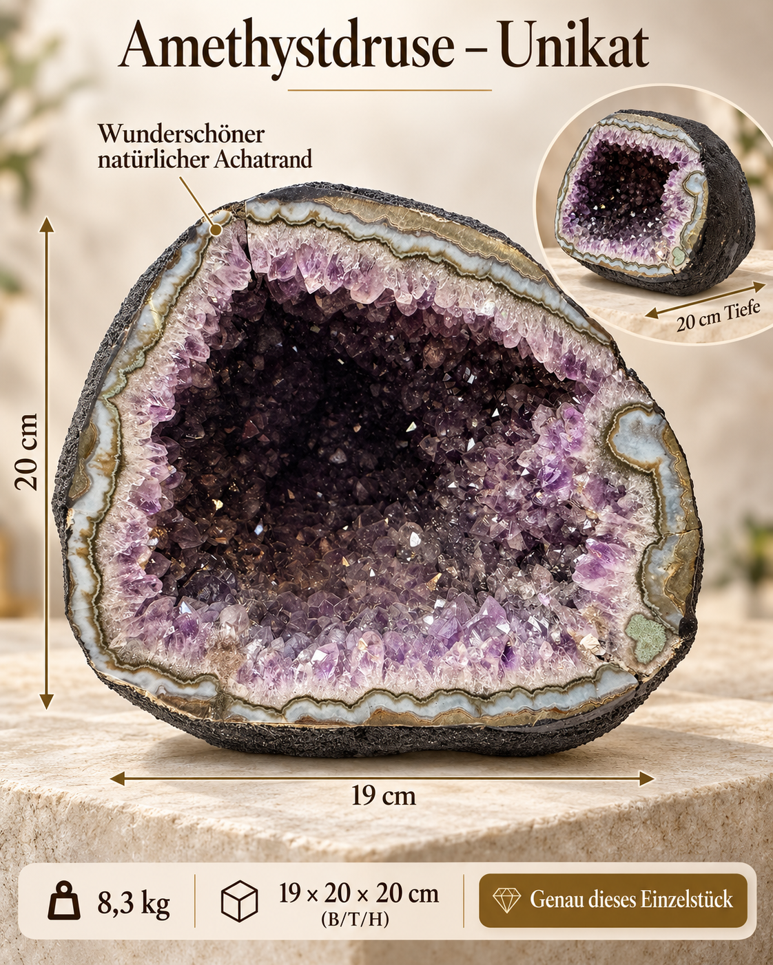 XXL Amethyst Druse aus Brasilien – 8,3 kg – 19 × 20 × 20 cm – AAA-Qualität – Achat-Chalcedonrand – Sammlerstück – Unikat 1680