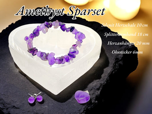 Amethyst Edelstein Schmuckset mit hochwertiger Selenit Herzschale 10cm I 4-teilig - Energie und Kraft