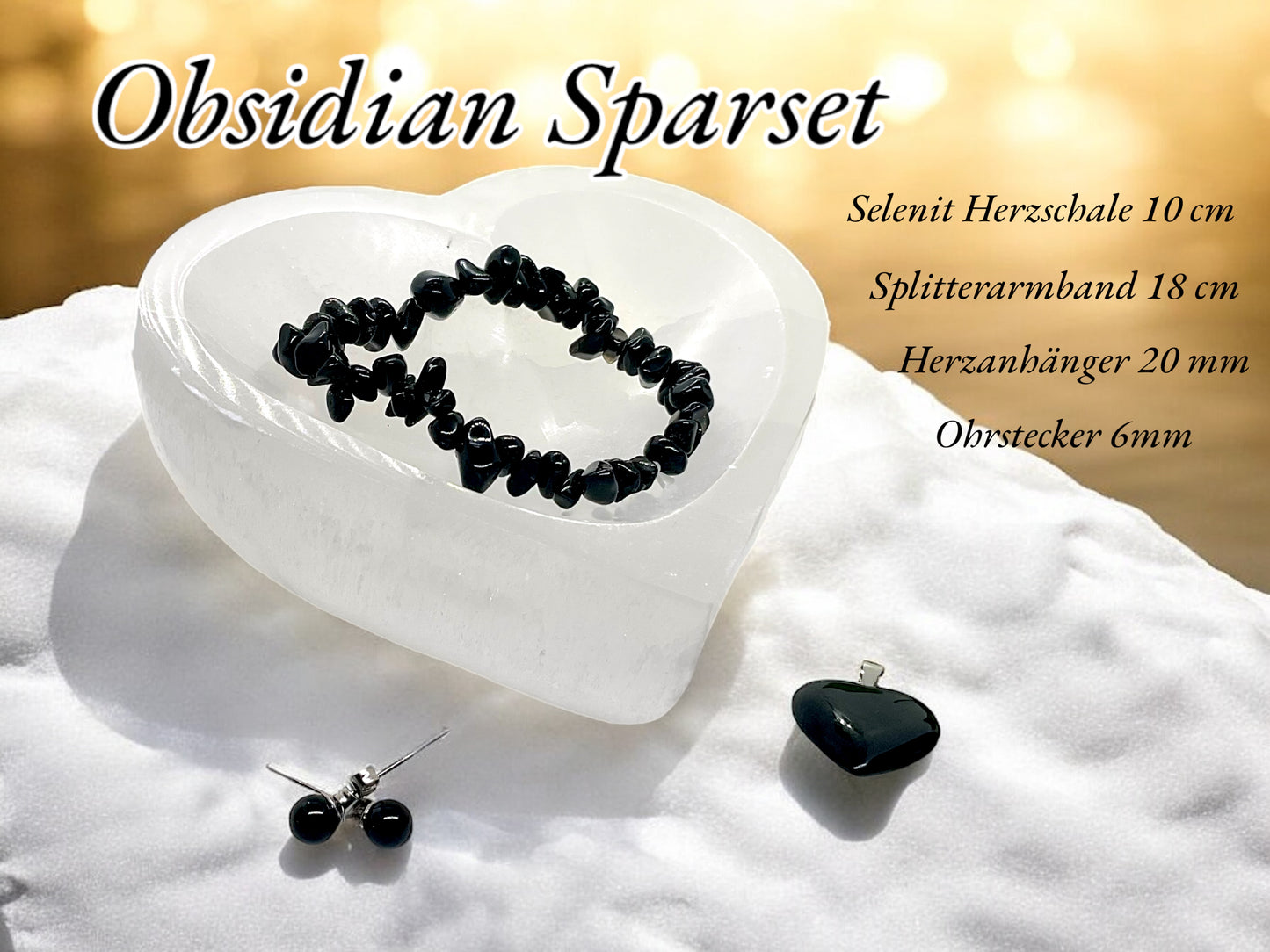 Obsidian Edelstein Schmuckset mit hochwertiger Selenit Herzschale 10cm I 4-teilig - Entwässerung und Entgiftung