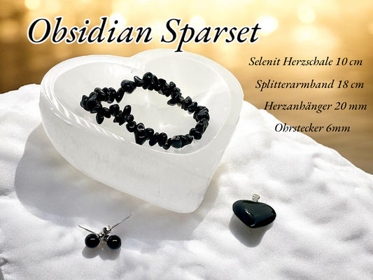 Obsidian Edelstein Schmuckset mit hochwertiger Selenit Herzschale 10cm I 4-teilig - Entwässerung und Entgiftung