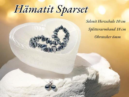 Hämatit Edelstein Schmuckset mit hochwertiger Selenit Herzschale 10cm I 3-teilig - Blut- und Flugstein