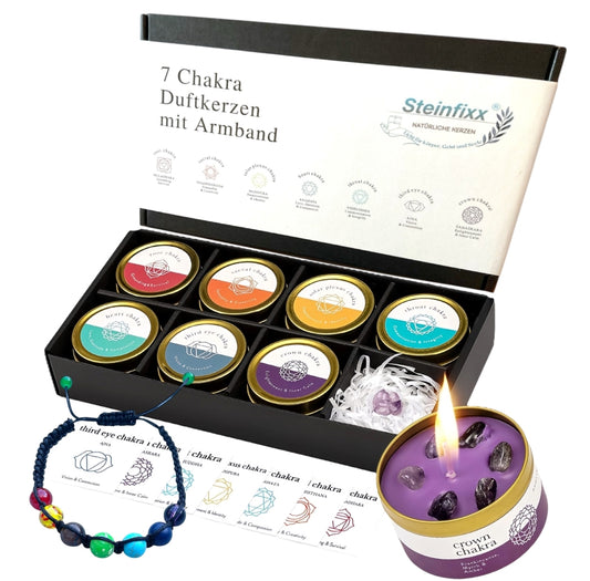 7 Chakra Duftkerzen Geschenkset mit Edelsteinen & Chakra-Armband  - Handgegossene Duftkerzen, abgestimmt auf die Chakren – Geschenkset mit Edelsteinen, Chakra-Karten & Geschenkbox – Achtsamkeit, Meditation & Wellness