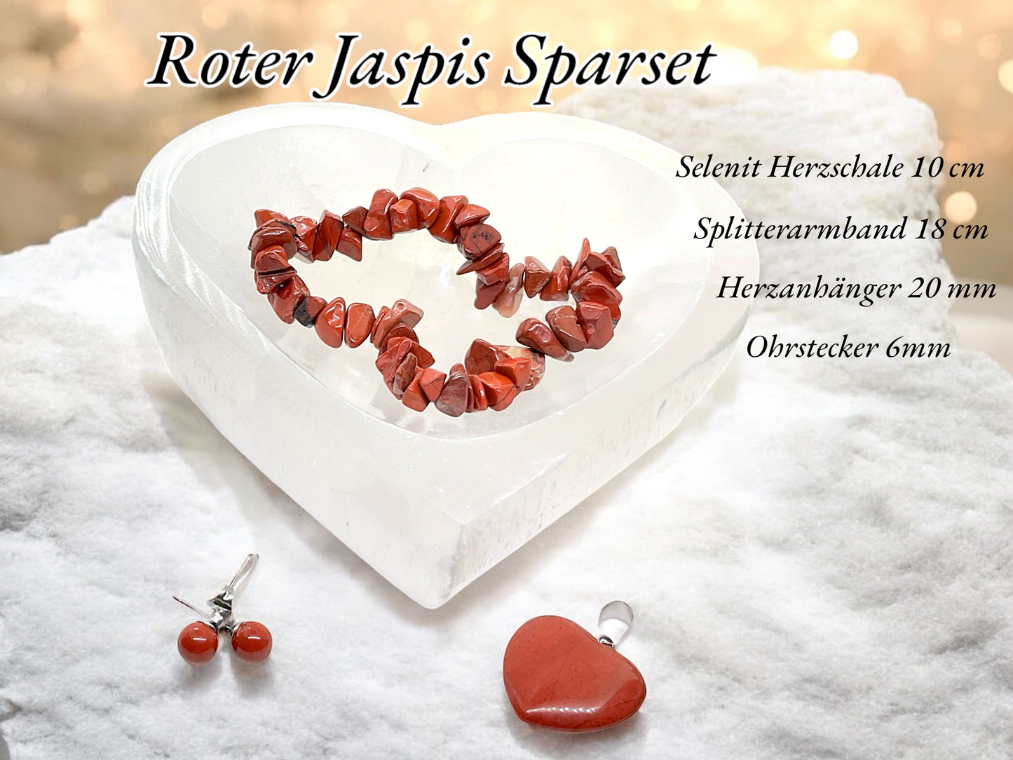 Jaspis Edelstein Schmuckset mit hochwertiger Selenit Herzschale 10cm I 4-teilig - Frau und Mutter