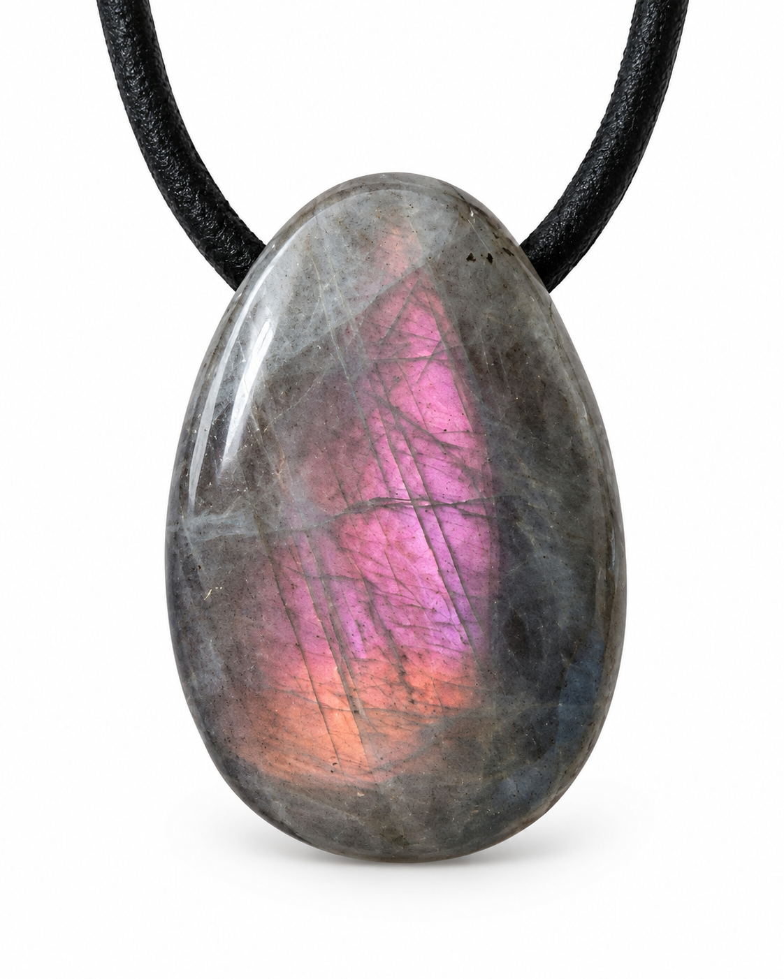 Pink Blush Labradorit Tropfenanhänger – Echter Edelstein aus Madagaskar in AAA-Qualität – ca. 30 × 20 mm – mit 80 cm Wildlederband, Magnet-Geschenkbox & Edelsteinkarte