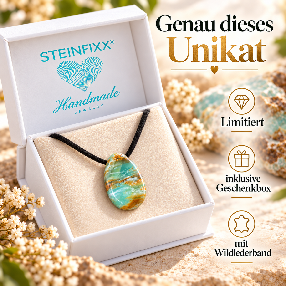 Peruanischer Blauer Opal Tropfenanhänger – Landschaft der Anden | Limitiertes Unikat inkl. Magnet-Geschenkbox