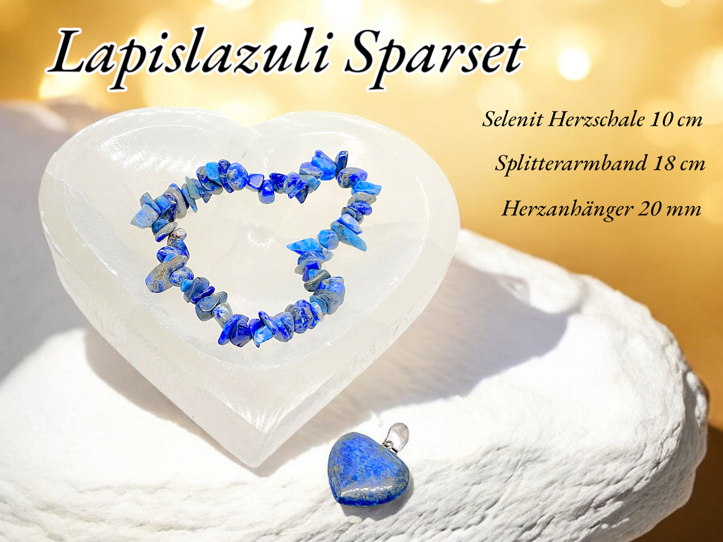 Lapislazuli Edelstein Schmuckset mit hochwertiger Selenit Herzschale 10cm I 3-teilig- Ruhe und Licht