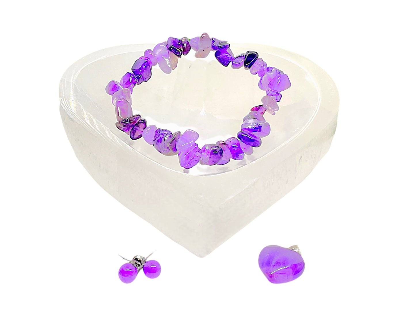 Amethyst Edelstein Schmuckset mit hochwertiger Selenit Herzschale 10cm I 4-teilig - Energie und Kraft
