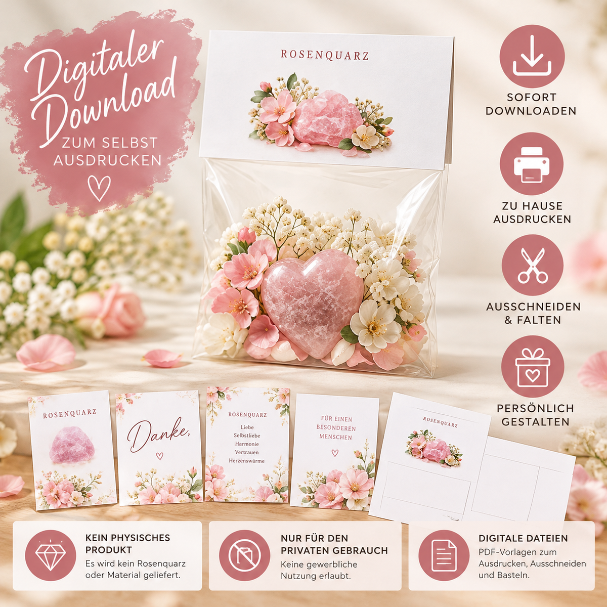 Rosenquarz Geschenkset zum Ausdrucken – 6 PDF-Vorlagen mit Edelsteinkarten, Tütenklappen & Grußkarten