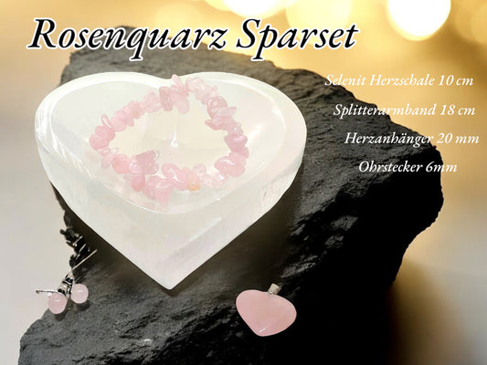 Rosenquarz Edelstein Schmuckset mit hochwertiger Selenit Herzschale 10cm I 4-teilig - Liebe und Vertrauen