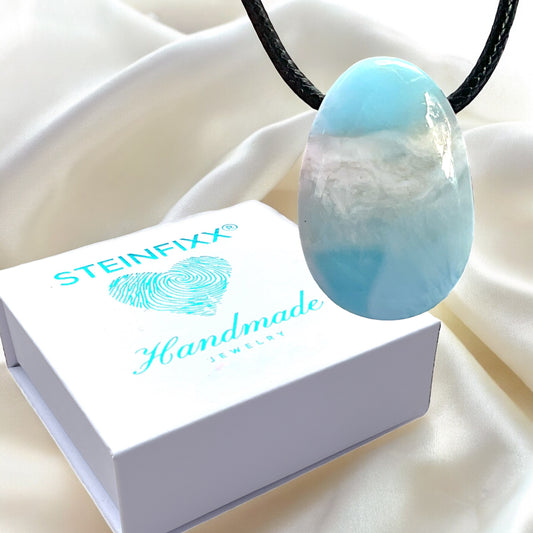 Steinfixx® - Larimar Anhänger in Tropfenform mit Kordelkette, Verschluss in 925 Silber
