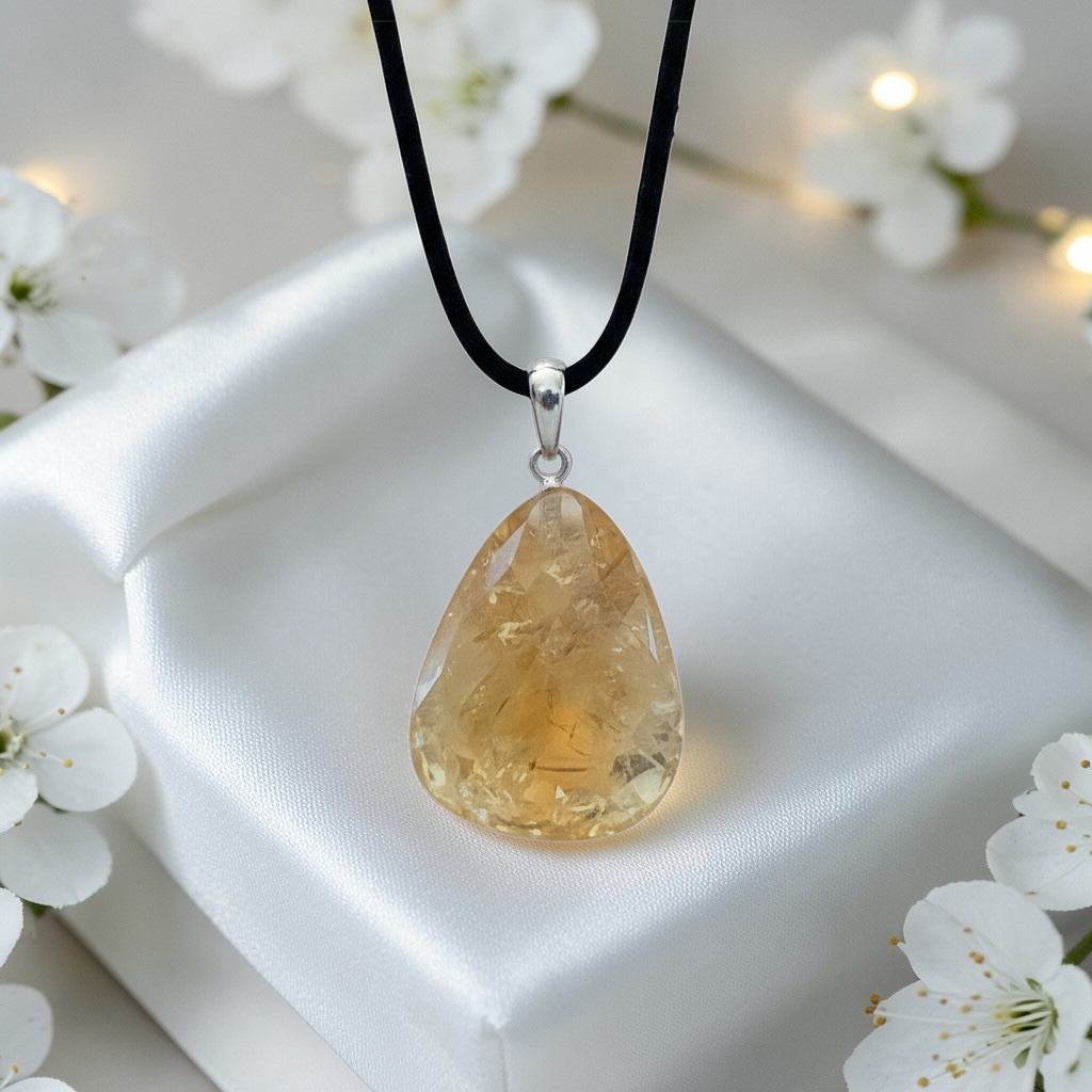 Echter Citrin Edelsteinanhänger mit 925 Silberöse I hochglanzpolierter Citrin Naturstein I Tropfenanhänger I AAA-Qualität I starker Heilstein I mit 80 cm Wildlederband und Geschenkbox I Brasilien