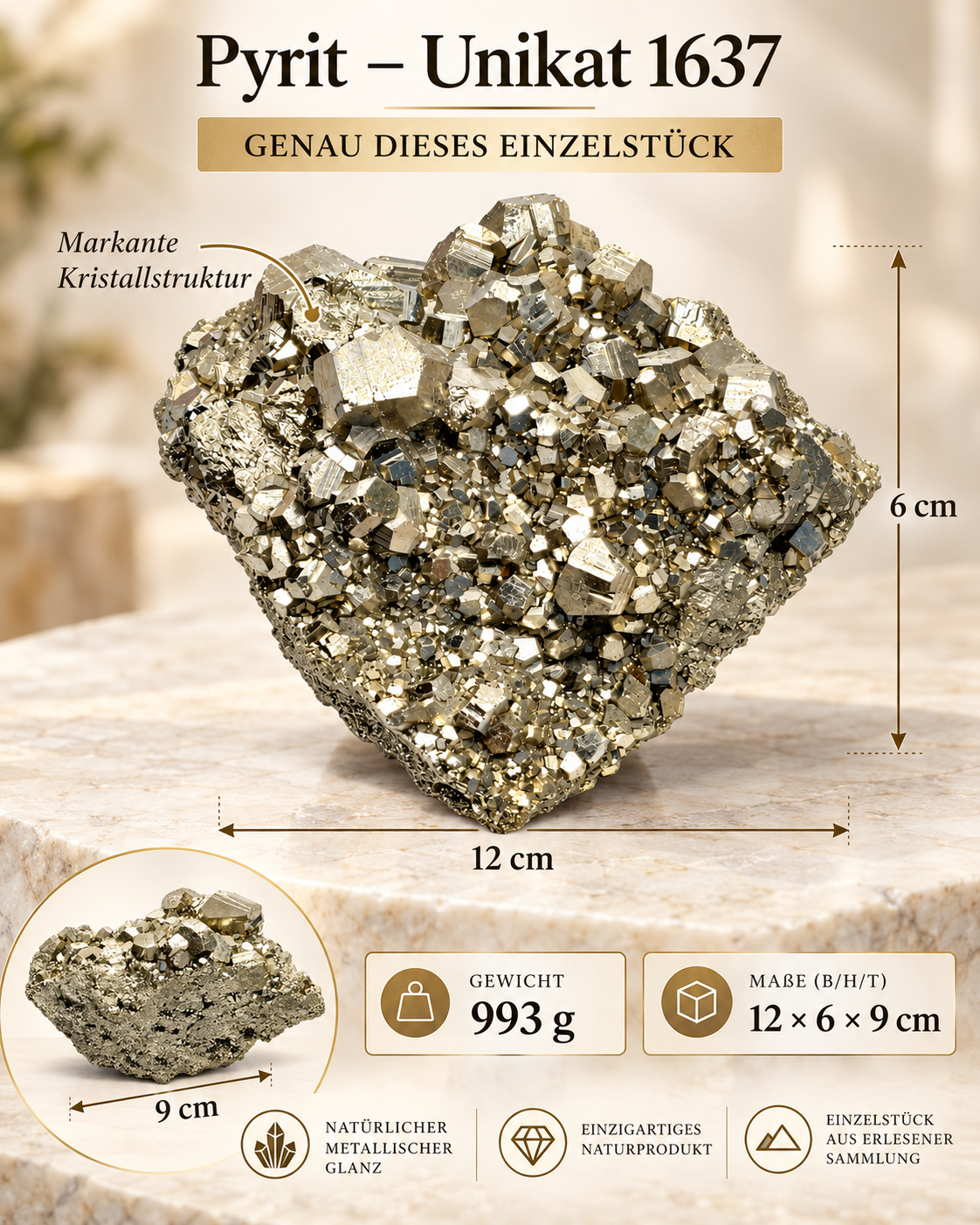 Pyrit Kristallstufe aus Peru – 993 g – 12 × 9 × 6 cm – AAA-Qualität – Sammlerstück – Unikat Masterpiece 1637 – inkl. Edelsteinkarte