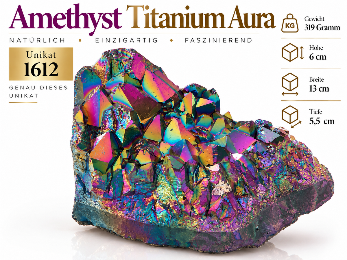 Amethyst Titanium Aura Kristallstufe aus Brasilien – 319 g – 13 × 6 × 5,5 cm – AAA-Qualität – Sammlerstück – Unikat Masterpiece 1612