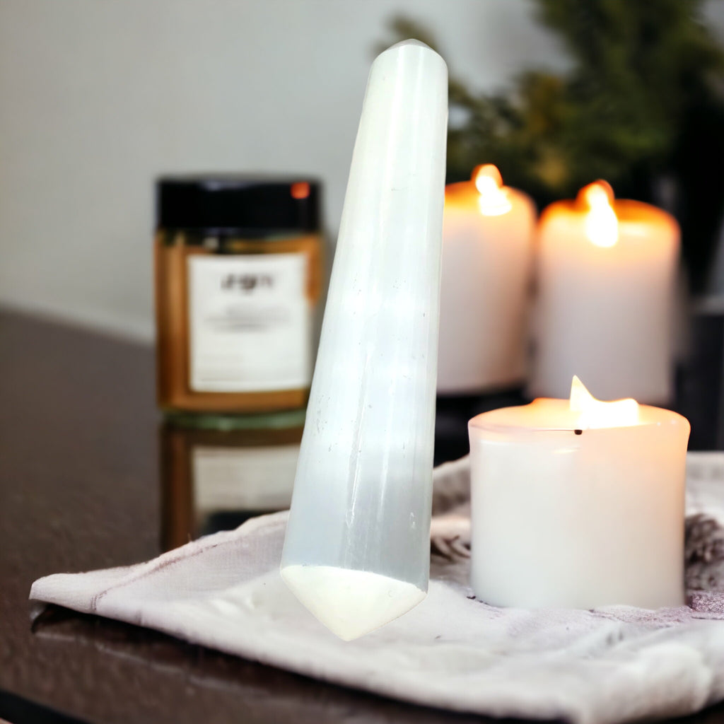 Selenit Massagestab - Massagegriffel mit schmaler und breiter Spitze | 14x3x3 cm ca. 140 Gramm für Akkupressur, Meditation, Rituale und Zeremonien