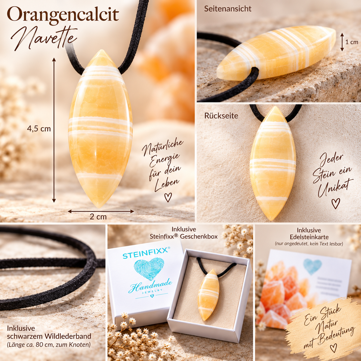Orangencalcit Tropfenanhänger – Navette-Schiffchenform – AAA-Qualität aus Mexiko – 80 cm Wildlederband, Geschenkbox & Edelsteinkarte