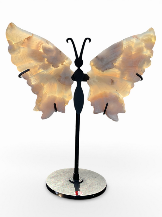 Blumenachat Schmetterling mit Ständer - Edelstein Deko Figur 17x20cm - Unikat-Masterpiece 1688 - handgefertigt & poliert - Sammlerstück - Naturstein aus Madagaskar - inkl. Geschenkbox