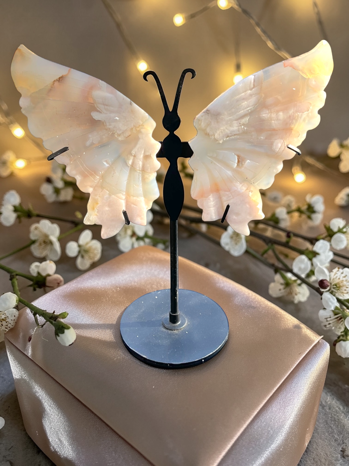 Blumenachat Schmetterling mit Ständer - Edelstein Deko Figur 17x20cm - Unikat-Masterpiece 1688 - handgefertigt & poliert - Sammlerstück - Naturstein aus Madagaskar - inkl. Geschenkbox