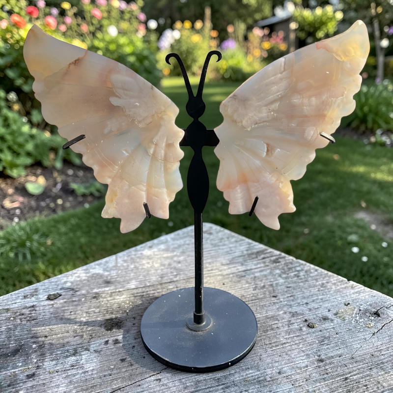 Blumenachat Schmetterling mit Ständer - Edelstein Deko Figur 17x20cm - Unikat-Masterpiece 1688 - handgefertigt & poliert - Sammlerstück - Naturstein aus Madagaskar - inkl. Geschenkbox