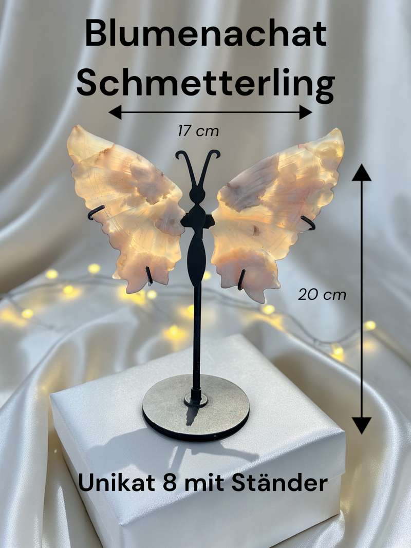 Blumenachat Schmetterling mit Ständer - Edelstein Deko Figur 17x20cm - Unikat-Masterpiece 1688 - handgefertigt & poliert - Sammlerstück - Naturstein aus Madagaskar - inkl. Geschenkbox