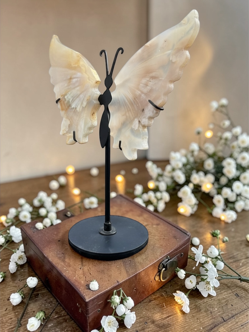 Blumenachat Schmetterling mit Ständer - Edelstein Deko Figur 17x20cm - Unikat-Masterpiece 1687 - handgefertigt & poliert - Sammlerstück - Naturstein aus Madagaskar - inkl. Geschenkbox
