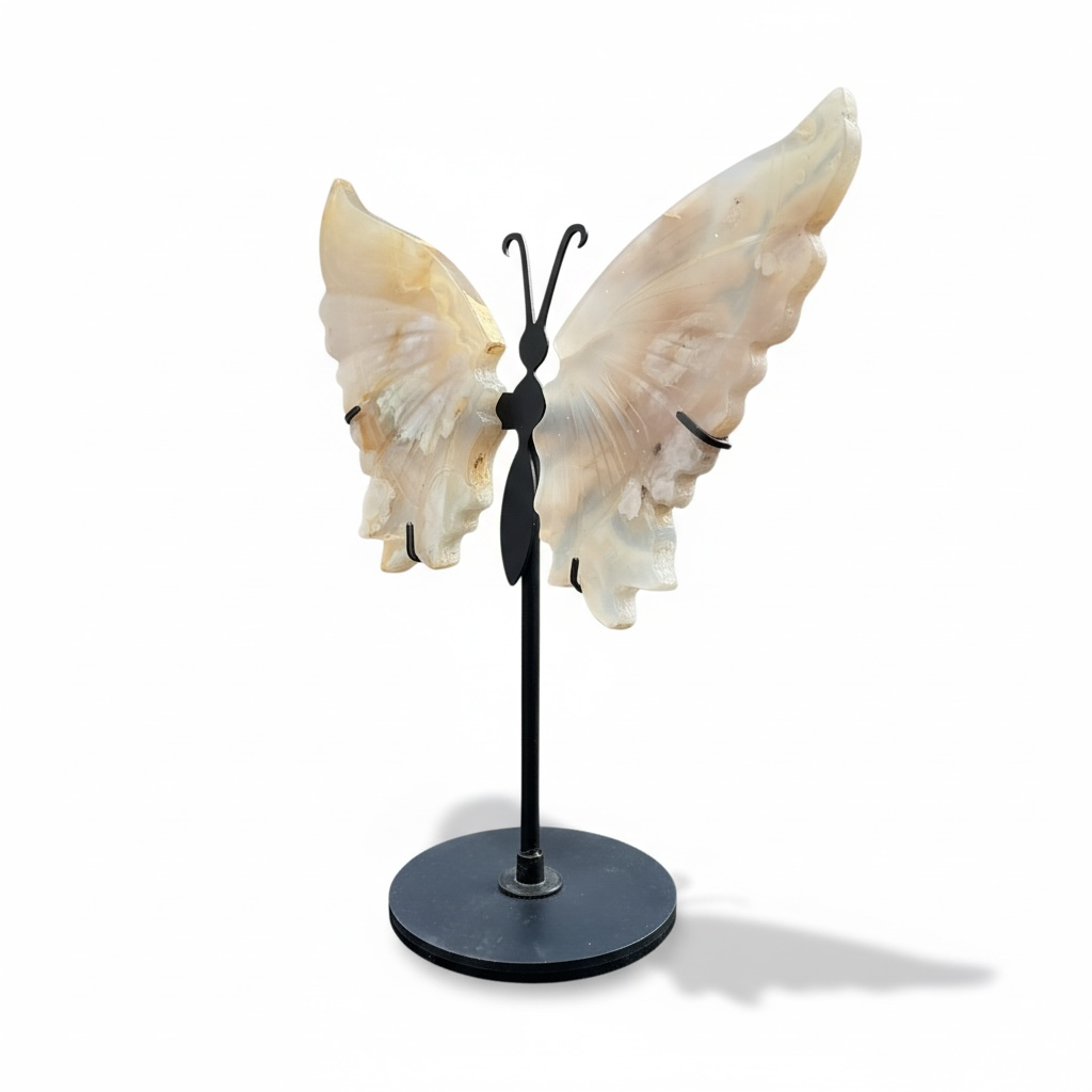 Blumenachat Schmetterling mit Ständer - Edelstein Deko Figur 17x20cm - Unikat-Masterpiece 1687 - handgefertigt & poliert - Sammlerstück - Naturstein aus Madagaskar - inkl. Geschenkbox