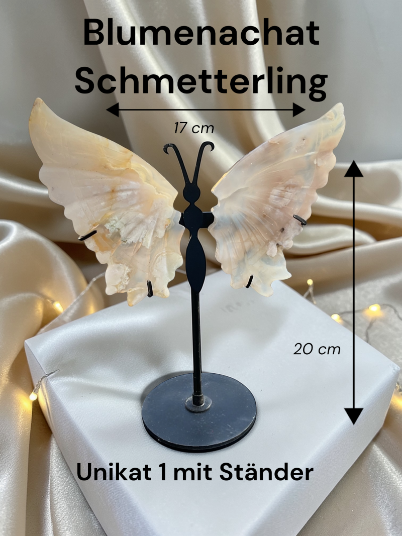 Blumenachat Schmetterling mit Ständer - Edelstein Deko Figur 17x20cm - Unikat-Masterpiece 1687 - handgefertigt & poliert - Sammlerstück - Naturstein aus Madagaskar - inkl. Geschenkbox