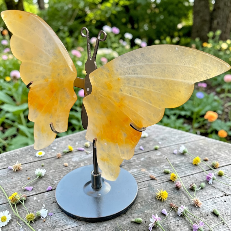 Limonitquarz Schmetterling mit Ständer – Edelstein Deko Figur 10x14 cm – handgefertigt & poliert – Naturstein aus Madagaskar – inkl. Geschenkbox